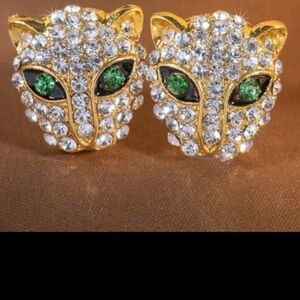 PANTHER 1 IN STUDS WHITE TOPAZ / CHROME EYES 14k gold plated new